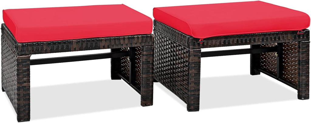 RELAX4LIFE 2-Piece Wicker Outdoor Ottoman, Rattan Footrest Set of 2 with Removable Cushions, 3-in-1 Foot Stool, Side Table & Additional Seating, Outdoor Footstools for Patio Backyard (Red)