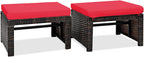 RELAX4LIFE 2-Piece Wicker Outdoor Ottoman, Rattan Footrest Set of 2 with Removable Cushions, 3-in-1 Foot Stool, Side Table & Additional Seating, Outdoor Footstools for Patio Backyard (Red)