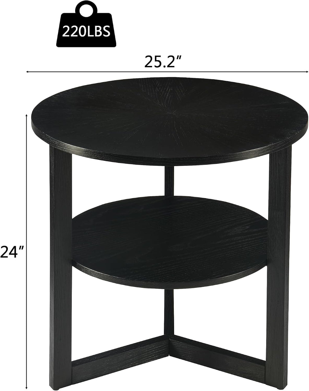 Round End Table, Farmhouse Side Table with Solid Wood Criss-Cross Legs for Small Space, Circle Beside Table with 2 Storage Shelves , SofaTable for Living Room, Bedroom, Nightstand, Black CJZ