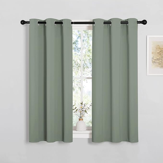 NICETOWN Bedroom Curtain Panels Blackout Draperies, Thermal Insulated Solid Grommet Blackout Curtains/Drapes (Greyish Green, 1 Pair, 34 by 45-inch)