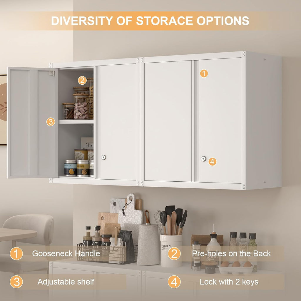 IRONFFICE Wall Cabinet,Metal Wall Cabinet for Garage with Lock,Metal Locking Storage Cabinet with Adjustable Shelf for Kitchen,Home Office,White