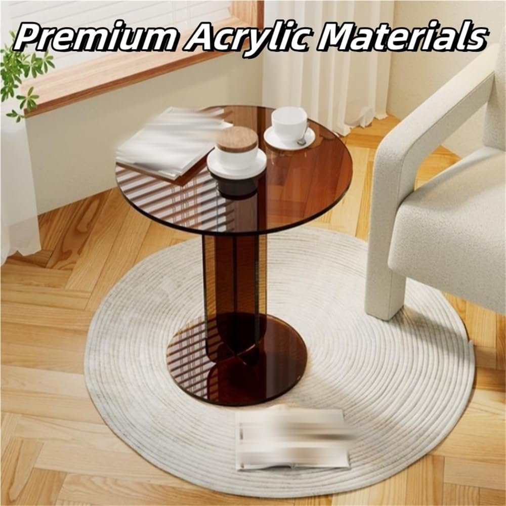 Modern Acrylic Side Table, Sleek Round Coffee Table, Pedestal End Table, Multi-Purpose Coffee Table for Living Room, Bedroom and Office(Brown)