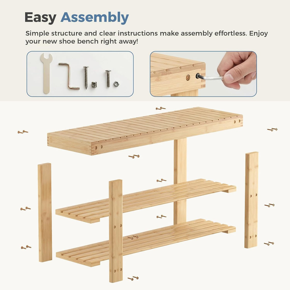 Simple Deluxe Shoe Rack Bench, 3-Tier Bamboo Storage Organizer, 286lb Capacity Entryway Bench for Front Door, Bedroom, Living Room, Bathroom, Balcony, Stylish Shoes Wood (11.3 x 35.4 x 17.8 Inches)