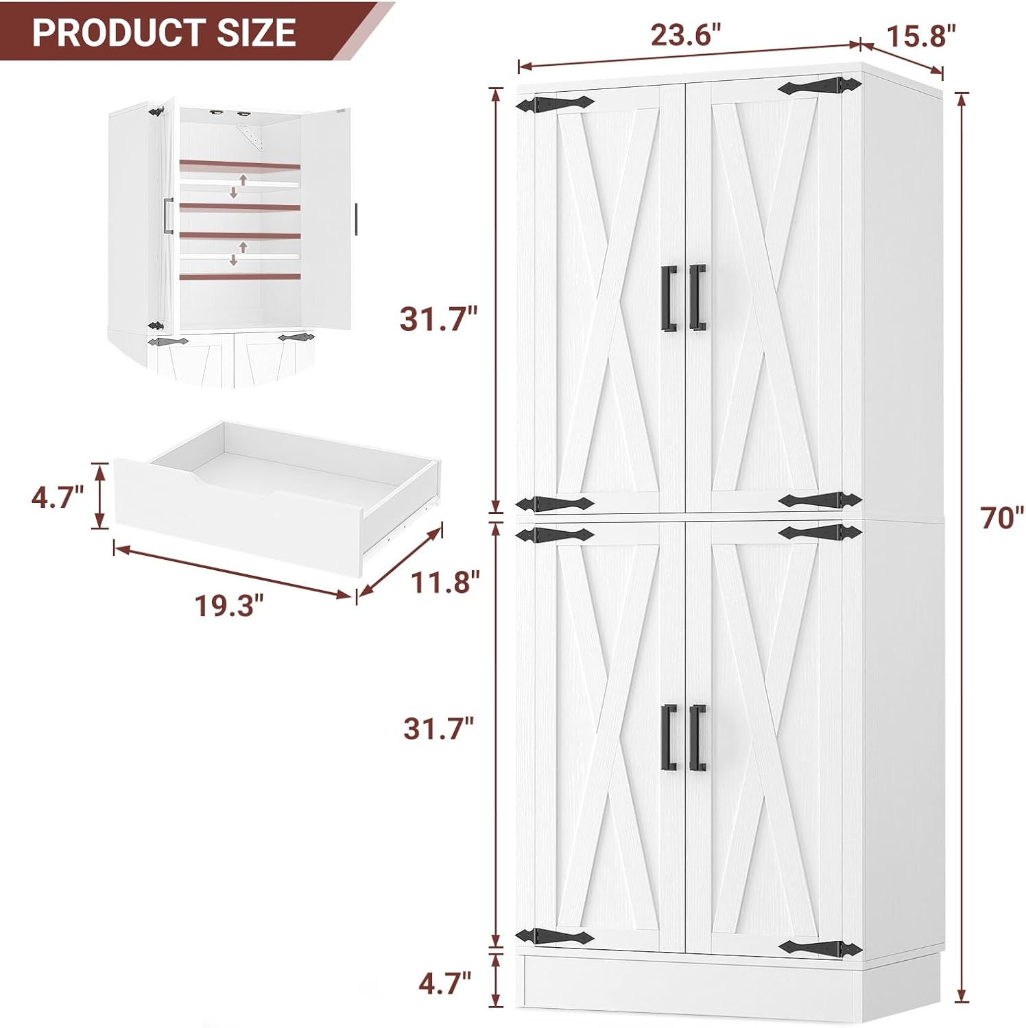 Unikito 71" Tall Kitchen Pantry Storage Cabinet with Farmhouse Barn Doors | Storage Drawer, Adjustable Shelves, Wooden Freestanding Cupboard, Versatile for Kitchen, Dining Room, Bathroom, Utility Room