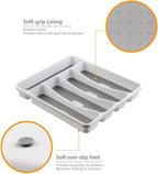 LeMuna Silverware Tray for Drawer, Plastic Cutlery Tray Kitchen Drawer Organizer, 5 Compartment Flatware Cutlery Organizer, Soft-Grip Lining and Non-Slip Rubber Feet