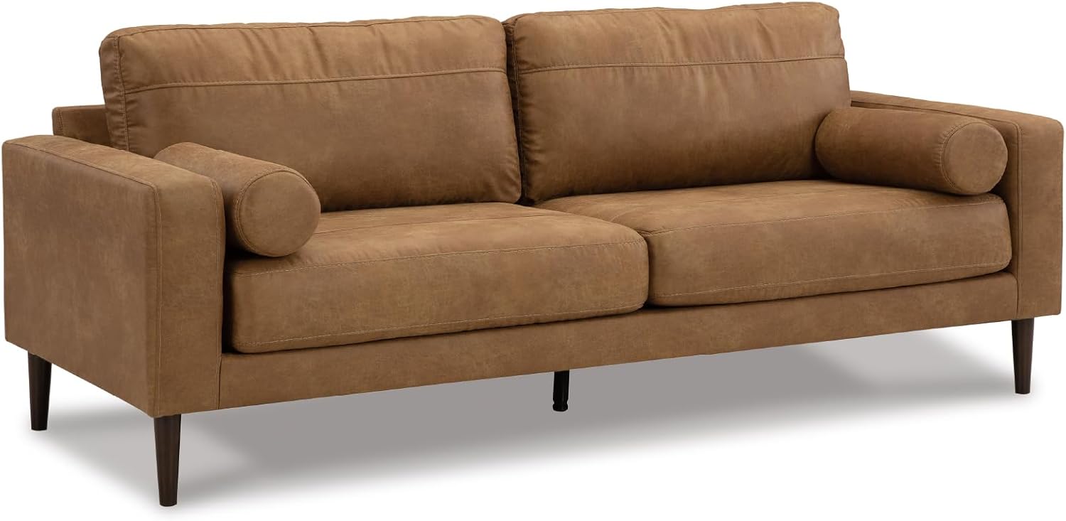 Signature Design by Ashley Telora Faux Leather 3 Seater Sofa Couch, Caramel | Medium plush fiber-wrapped foam seating, Track arms, Loose back cushions, Mid-century modern style