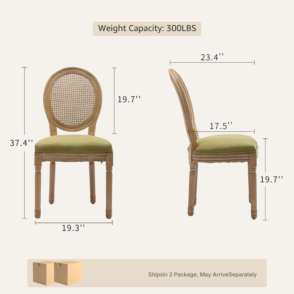 Vintage French Country Dining Chairs Set of 4, Rattan Dinning Chair with a Round Back, Olive Green Cane Dining Chair, Kitchen and Dining Room Chairs, Sillas para Comedor