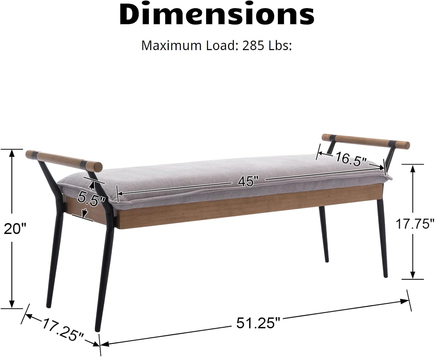HEAH-YO Modern Dining Bench, 51 Inches Entryway Bench with Armrests, Upholstered Chenille Fabric End of Bench for Bedroom, Grey