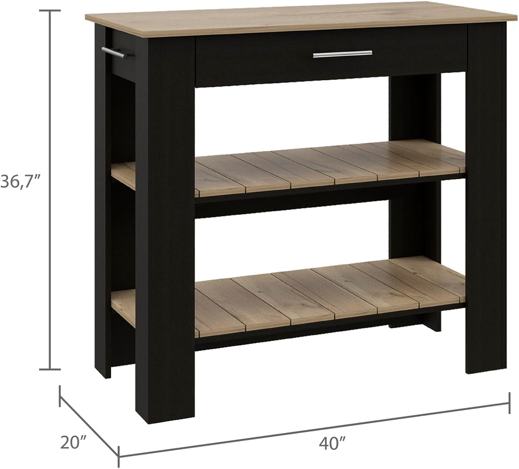 Kitchen Island with Two Shelves, One Drawer, Four Legs, Towel Hanger, Black | Combines two open shelves, one drawer, and towel hanger for storage