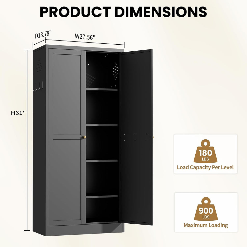 Kitchen Pantry Cabinet, 61" H Storage Cabinet with Doors and Adjustable Shelves, Spacious Cupboard with 2 Handles, Metal Kitchen Cabinet for Dining Room, Living Room,Black