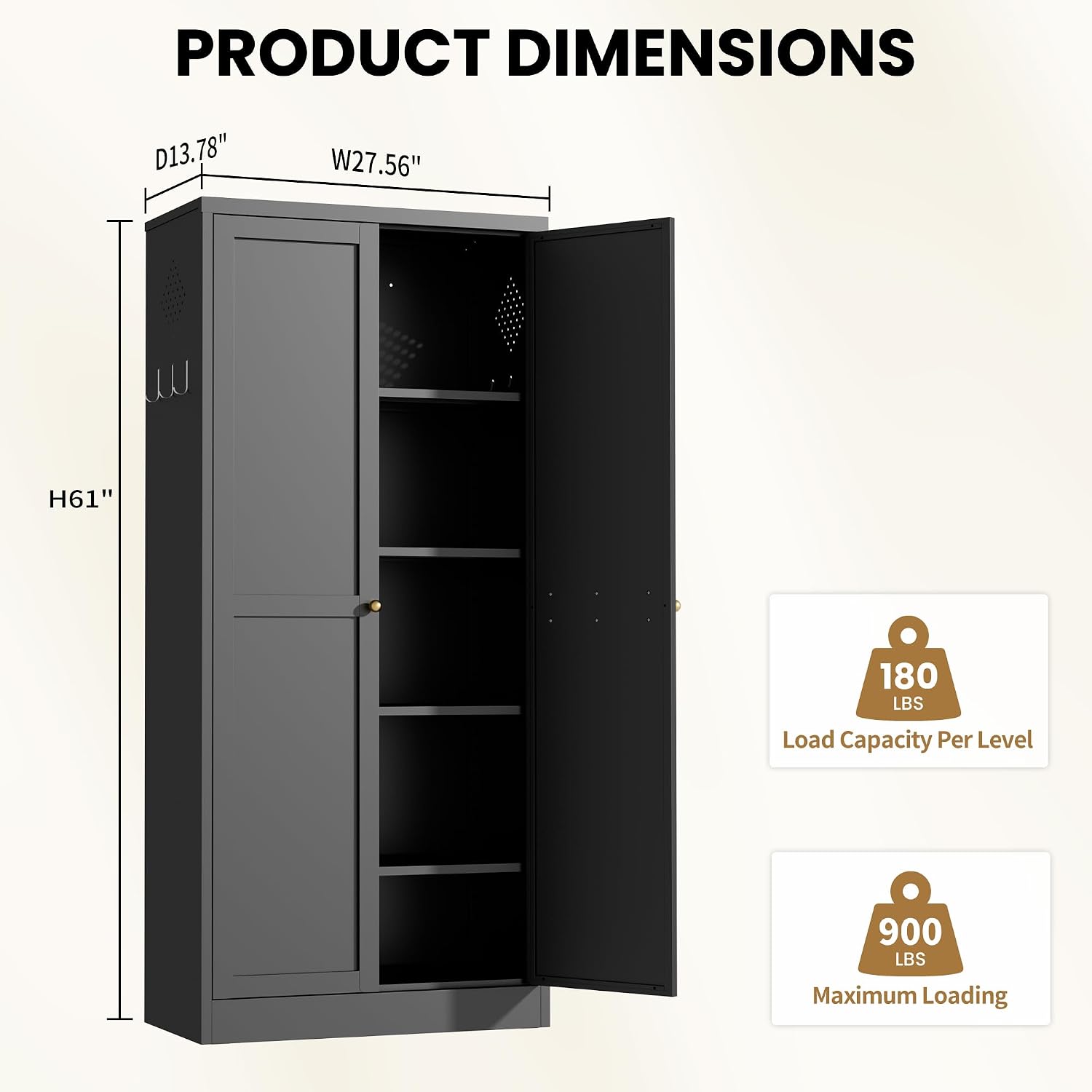 Kitchen Pantry Cabinet, 61" H Storage Cabinet with Doors and Adjustable Shelves, Spacious Cupboard with 2 Handles, Metal Kitchen Cabinet for Dining Room, Living Room,Black