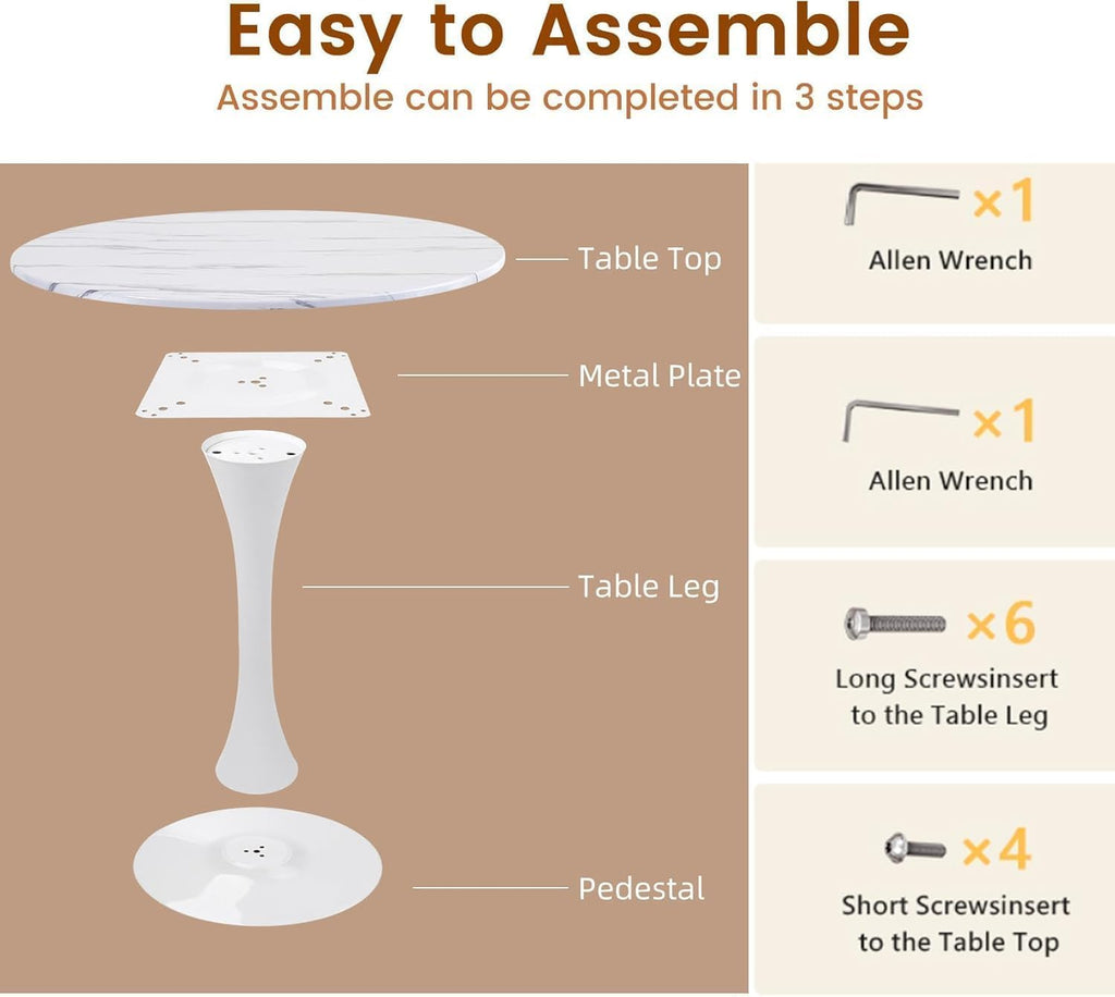 Round Dining Tulip Table for 4, Mid-Century Modern Table with Sturdy Metal Pedestal for Kitchen, Bistro, Cafe, Leisure (Faux Marble White, 31.5 INCH)