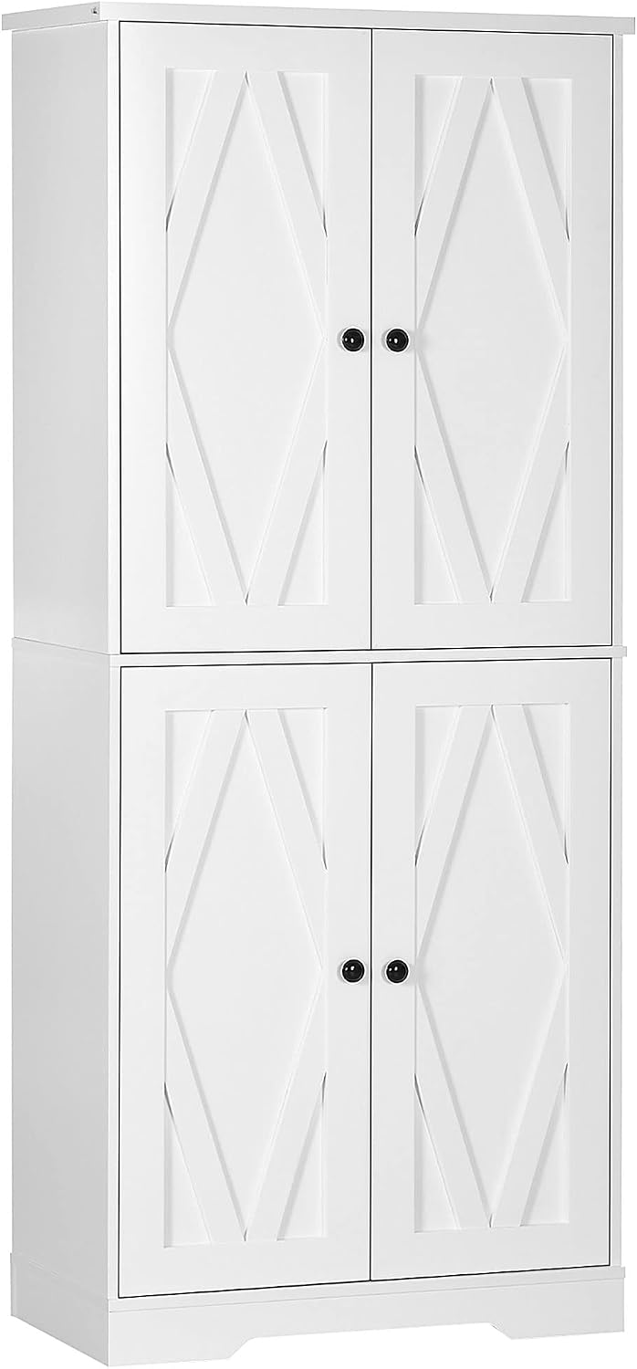 70.75" Farmhouse Kitchen Pantry Cabinet, Freestanding Tall Storage Cabinet with 4 Barn Doors and Adjustable Shelves for Dining Room, White