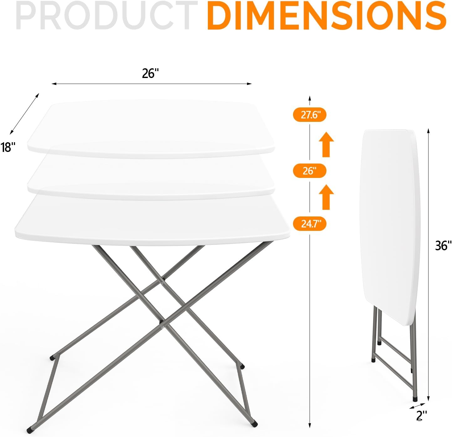 VINGLI Small Folding Table Portable, 18" Adjustable Height Personal Laptop TV Tray, Camping Table, HDPE Plastic Top with Steel Frame,White