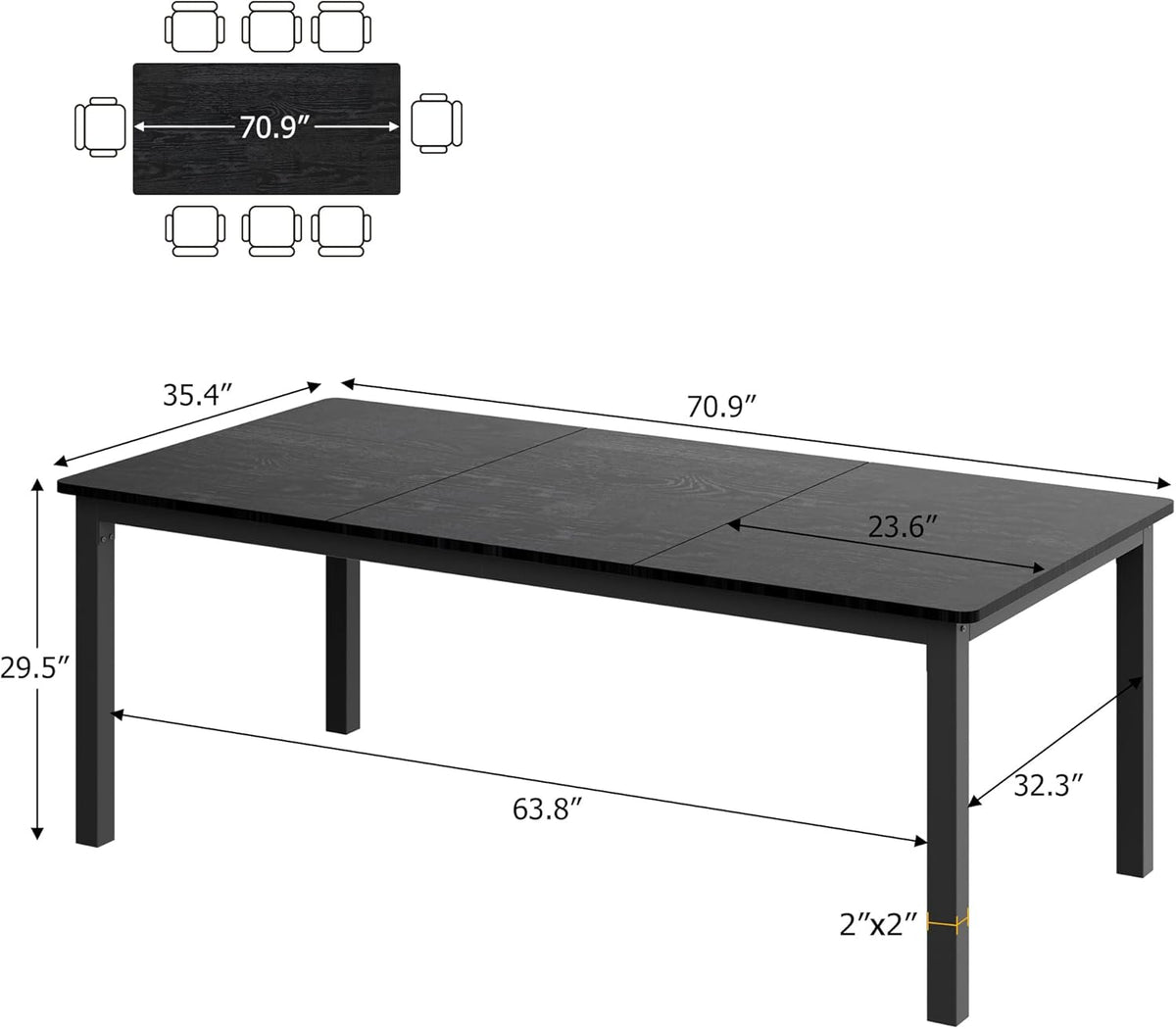 GarveeHome 70.8 in Industrial Dining Table for 6, Wooden Long Dinner Table with Mortise Tenon Design, Kitchen Table with Sturdy Metal Legs, for Dining Room Home Office Living Room, Black