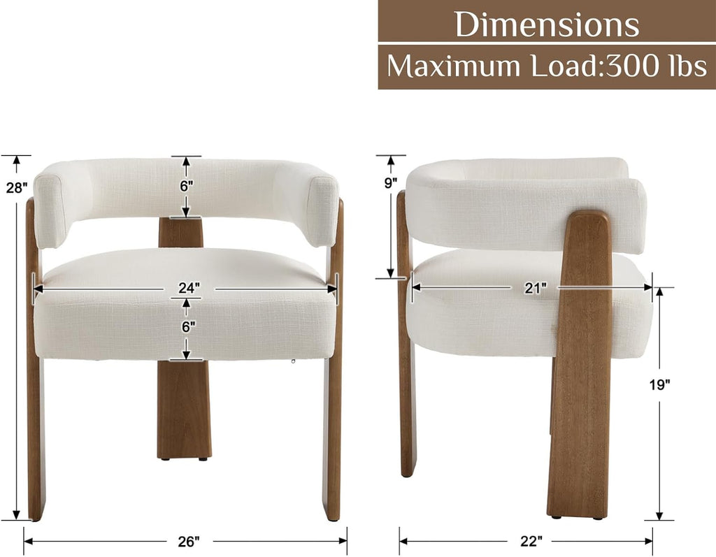 Shunzhi White Barrel Dining Chairs Set of 2 Modern Upholstered Dining Room Chairs with Arms/Open Back Farmhouse Wooden Linen Kitchen Chairs Comfy Accent Side Armchairs for Living Room