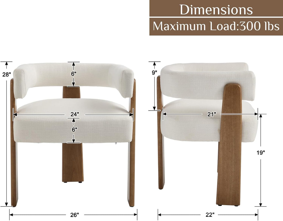 Shunzhi White Barrel Dining Chairs Set of 2 Modern Upholstered Dining Room Chairs with Arms/Open Back Farmhouse Wooden Linen Kitchen Chairs Comfy Accent Side Armchairs for Living Room