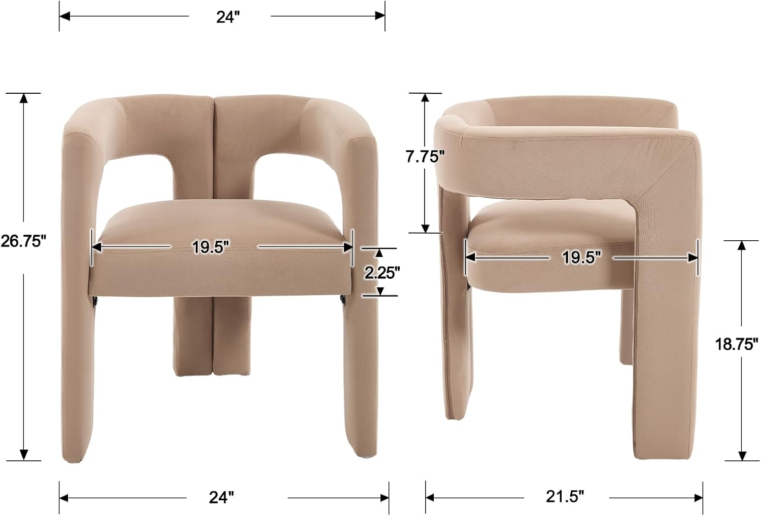 CIMOTA Modern Barrel Dining Chairs Set of 4, Velvet Fabric Upholstered Accent Chairs with Arms/Wood Legs/Open Back, Designer Kitchen Chairs for Living/Reception/Dining Room, Khaki