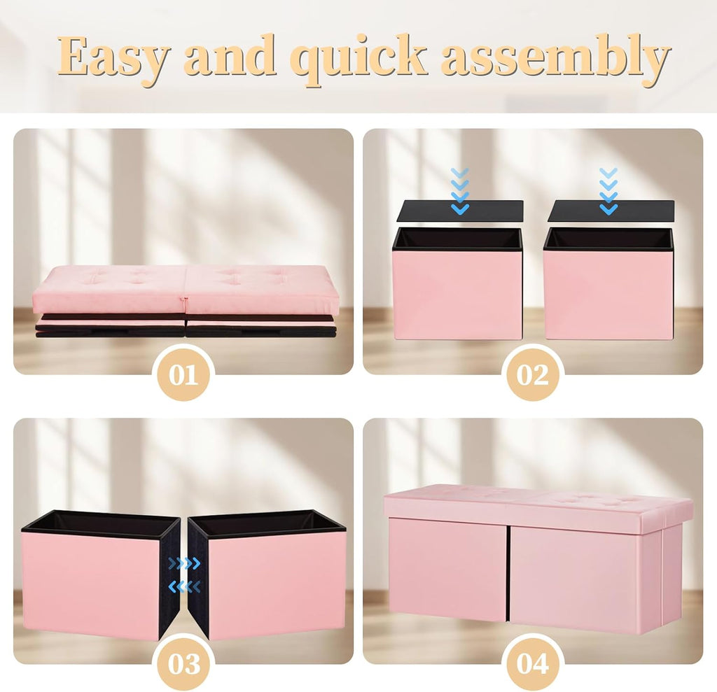Bsketa Storage Ottoman Bench, 34" Folding Velvet Foot Rest Stool, Pink | Large Ottoman with Storage, Thicker Foam Padded Seat, Livingroom, Dorm, Bedroom, Easy to install, 86L,34 x 13 x 13in