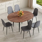 FURNITO Round Dining Table Set for 6, 42"-54" Extendable Dining Room Table with 6 Linen Fabric Chairs, Mid Century Modern Dining Set for Small Space (Walnut Table + 6 Dark Grey Chairs)