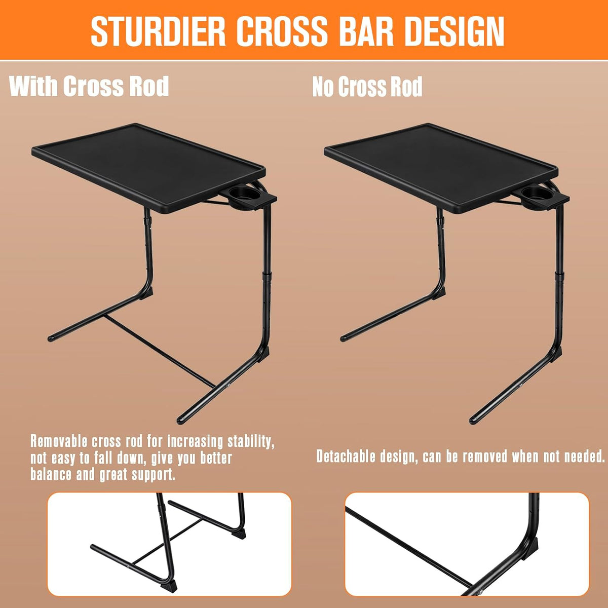 TV Tray Table, TV Dinner Table with 3 Tilt Angles and 6 Height Adjustments, Folding Adjustable Tray Tables with Cup Holder for Eating on Couch, Bed & Sofa, Set of 2