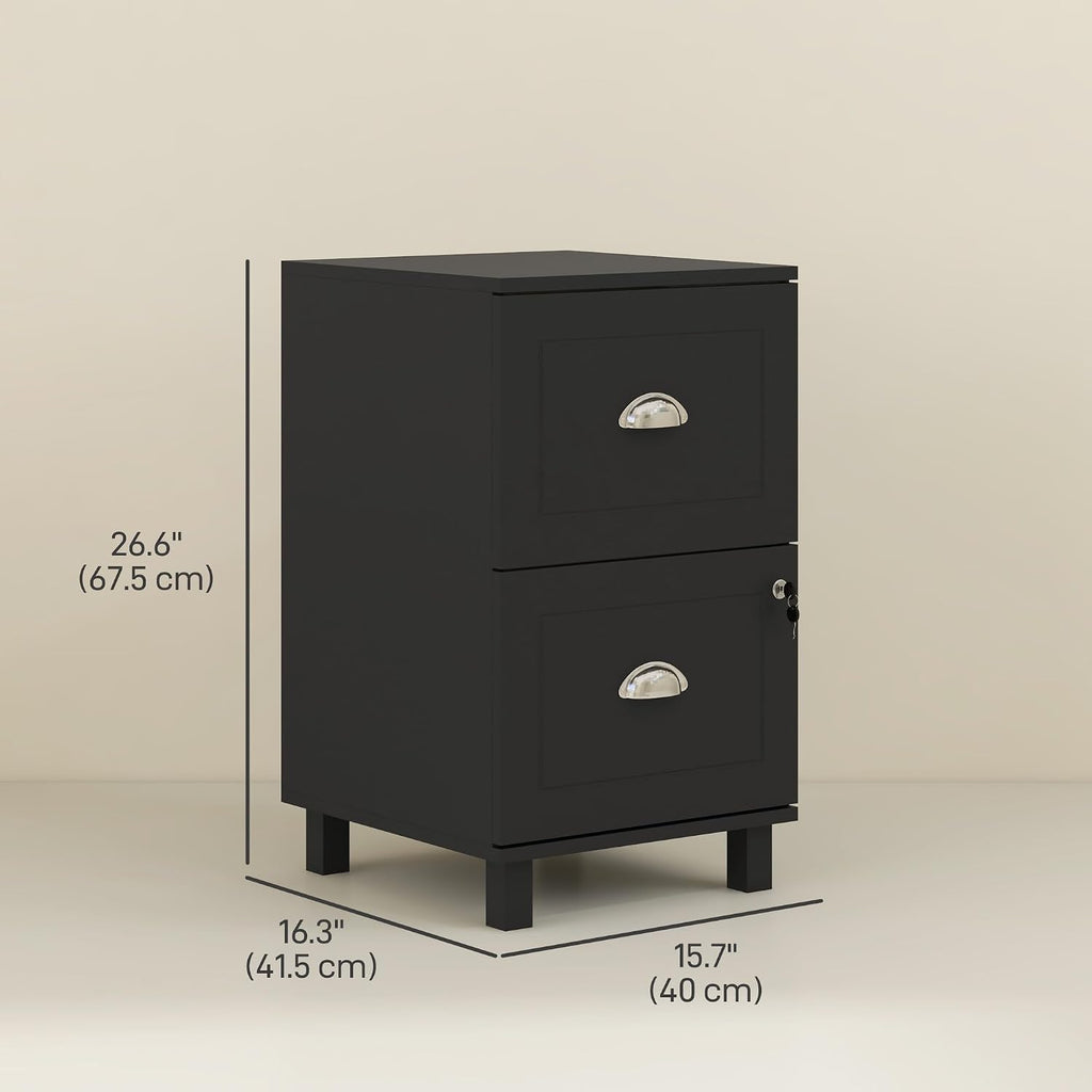 HOMCOM Vertical Filing Cabinet with 2 Drawers Lockable File Cabinet Black | Adjustable Hanging Bars, for A4 and Letter, for Home Office