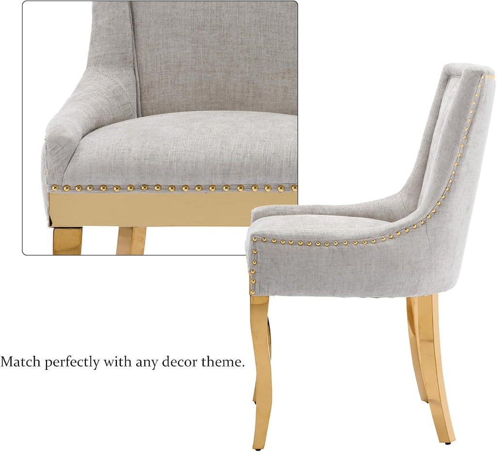Aoowow Luxury Fabric Upholstered Side Chairs for Kitchen Set of 2, Sillas de Comedor,Farmhouse Solid Wood Kitchen Dining Room Chairs with Nailhead Trim Gold Metal Legs (Beige-Gold, Set of 2)