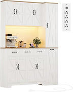 70.9" Tall Farmhouse Pantry Cabinet with Pull-Out Storage Cart & LED Lights, Modern Kitchen Storage Hutch with Charging Station, 9 Doors 3 Drawers Adjustable Shelves for Dining Living Room, White