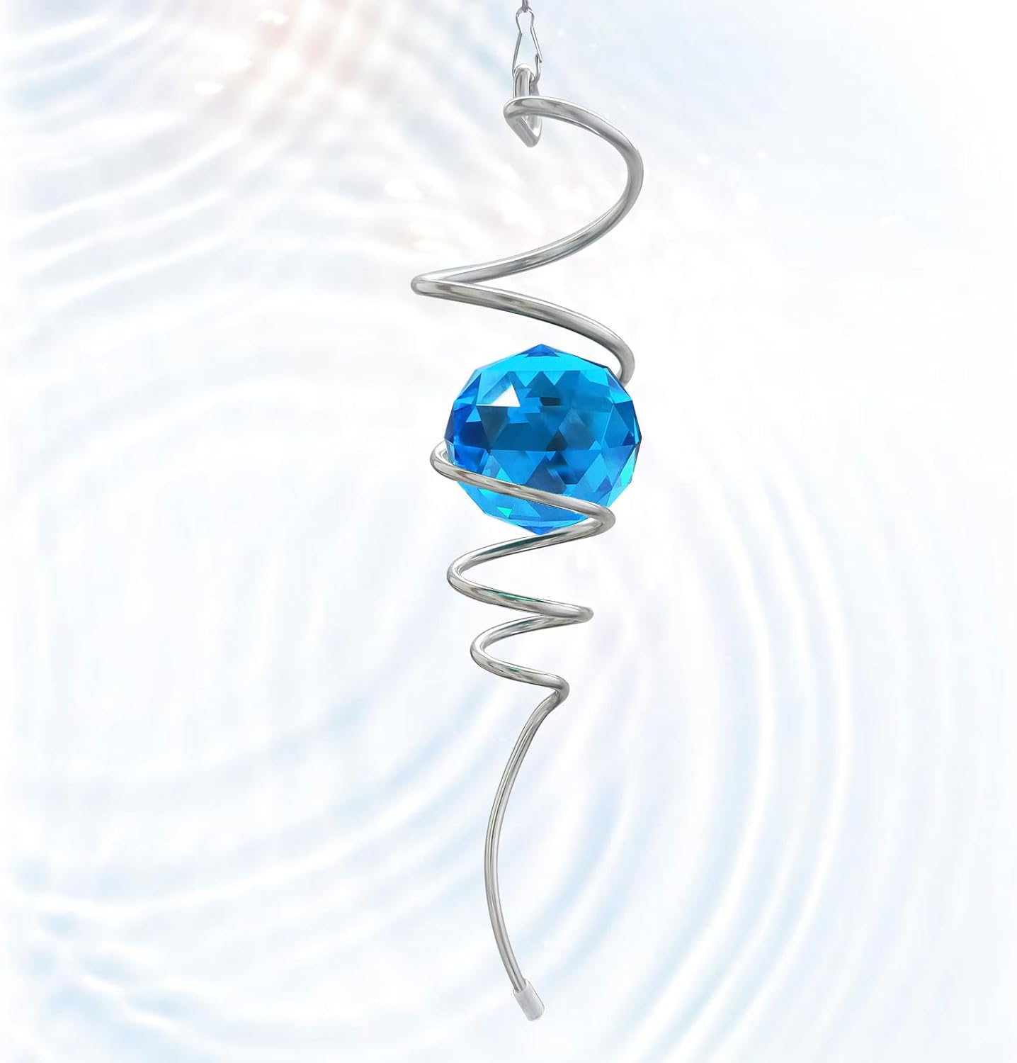 Gazing Ball Spiral Tail, Wind Spinner Spiral Peacock Blue Crystal Orb with Swivel Hook, Sun Catcher Rainbow Maker Hanging Decor for Yard Garden Rotating Art Ornaments Great Gifts 13" Height