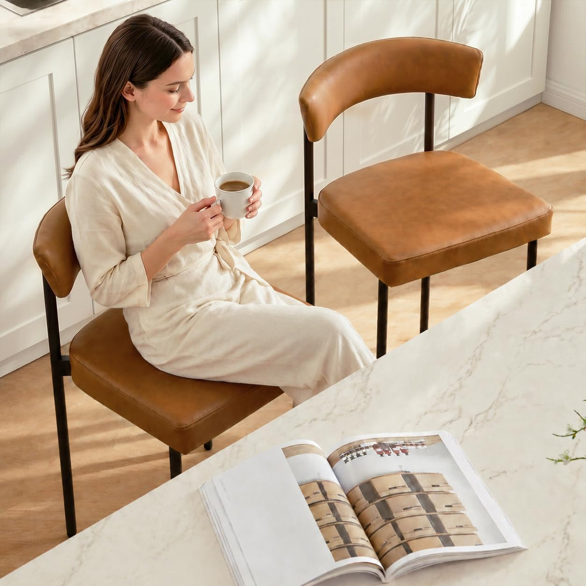 GrandNoor Brown Modern Bar Stools Set of 3, 24 Inch Faux Leather Counter Stools with Curved Backrest, Counter Height Bar Stool for Kitchen Island