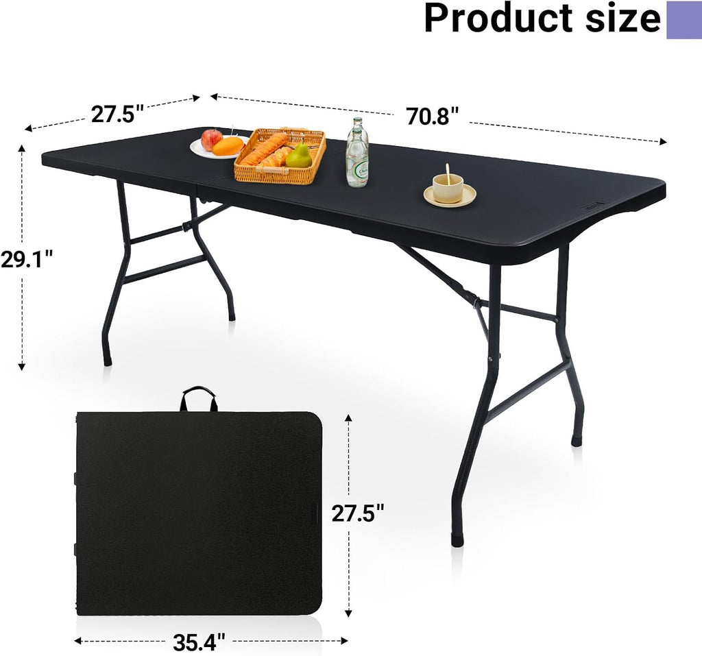 Folding Table 6ft, Heavy Duty Plastic Fold-in-Half Utility Table, Black | Portable Utility Table,HDPE Top,Carry Handle,Sturdy Steel Legs,Indoor Outdoor for Parties,Camping, Dining,Supports 330 lbs