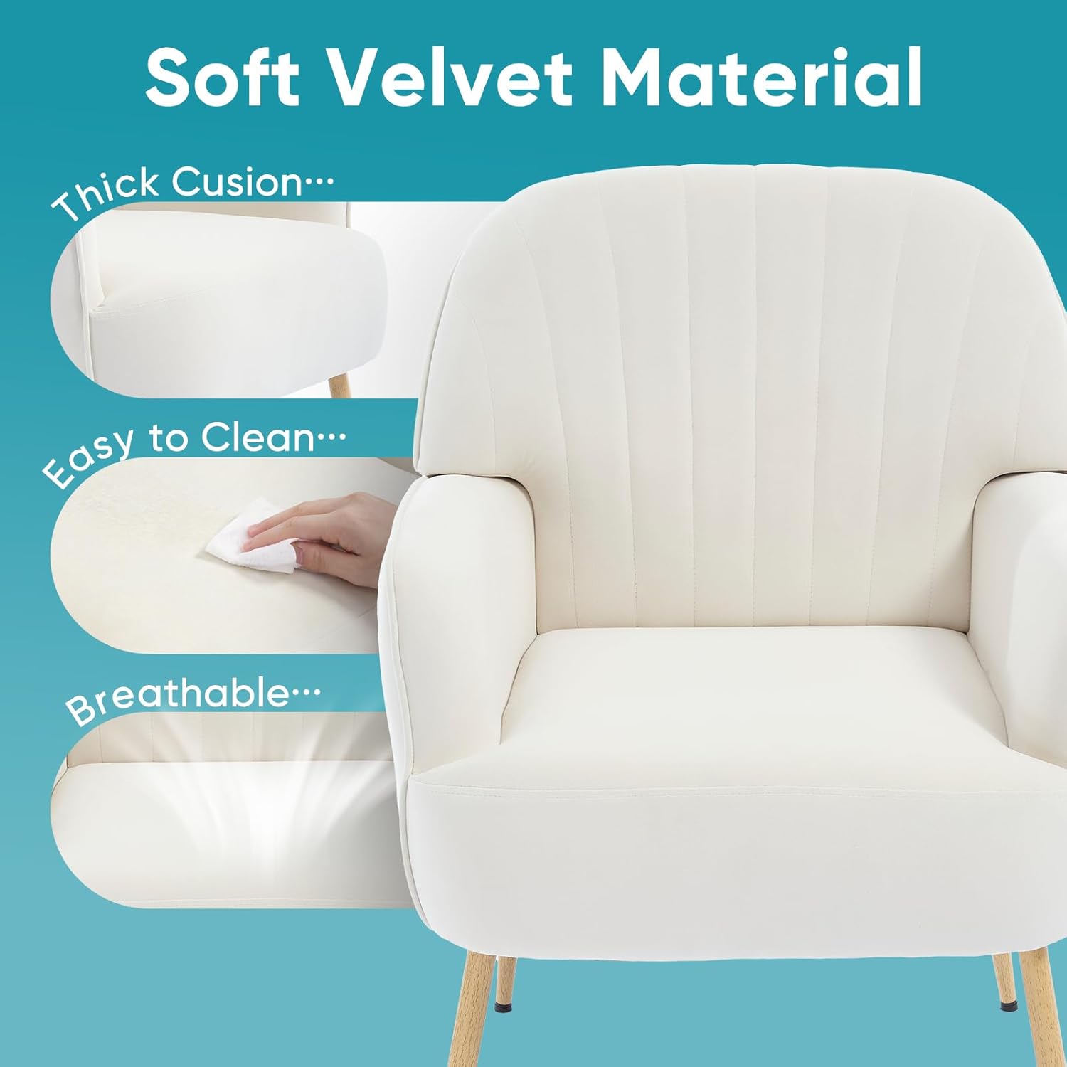 Velvet Accent Chair, Modern Upholstered Single Living Room Chairs with Tufted Back, Cozy Sofa Side Armchair with Metal Legs for Bedroom/Office/Reading Room, Beige
