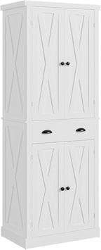 IRONCK Kitchen Pantry Storage Cabinet 72.6" H x 24" W, White | Freestanding Storage Cabinet with Barn Doors, Drawer, 4 Adjustable Shelves, Tall Snack Food Cabinet for Dining Room
