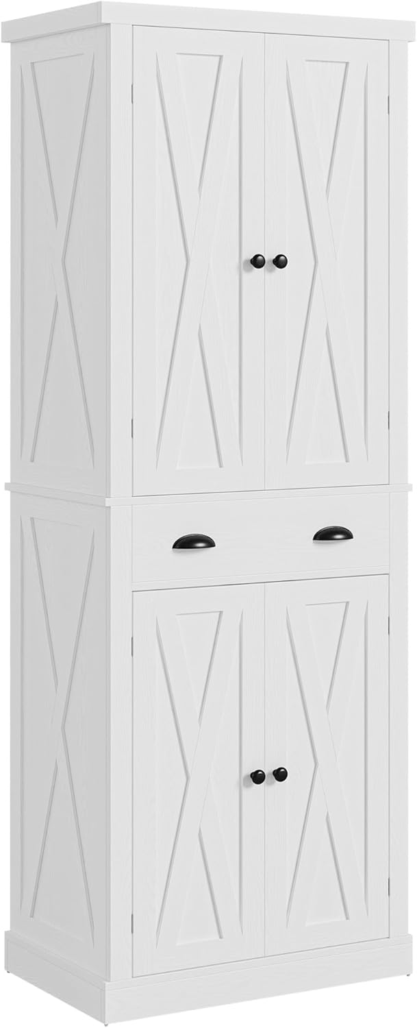 IRONCK Kitchen Pantry Storage Cabinet 72.6" H x 24" W, White | Freestanding Storage Cabinet with Barn Doors, Drawer, 4 Adjustable Shelves, Tall Snack Food Cabinet for Dining Room