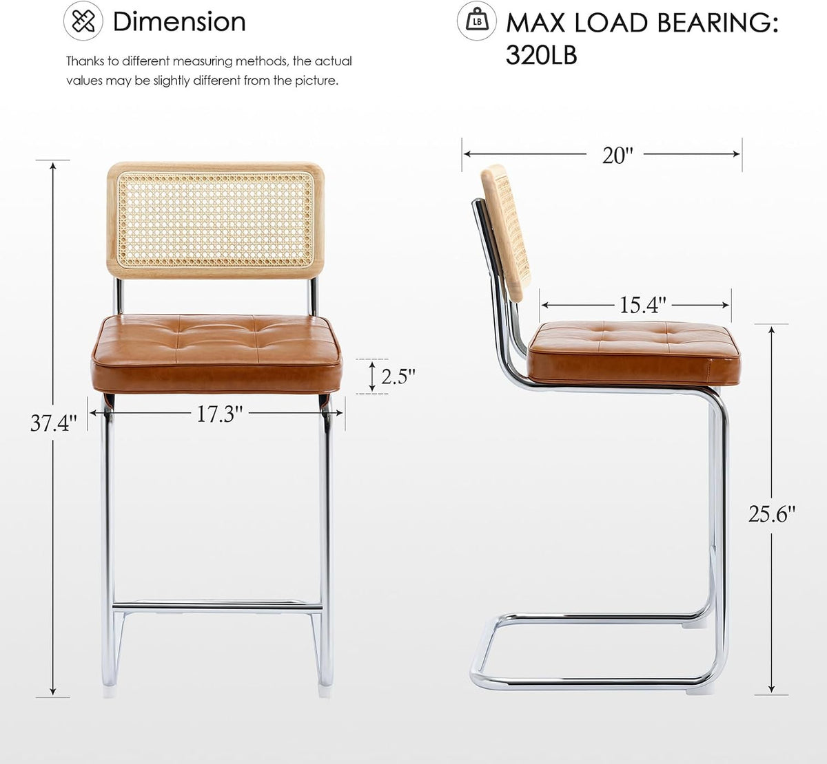 Zesthouse Natural Rattan Counter Stools Set of 2, 26" Modern Boho Barstools | Mid Century Modern Barstool with Cane Mesh & Chrome Base, Vintage Faux Leather Counter Height Chair for Kitchen Island, Brown