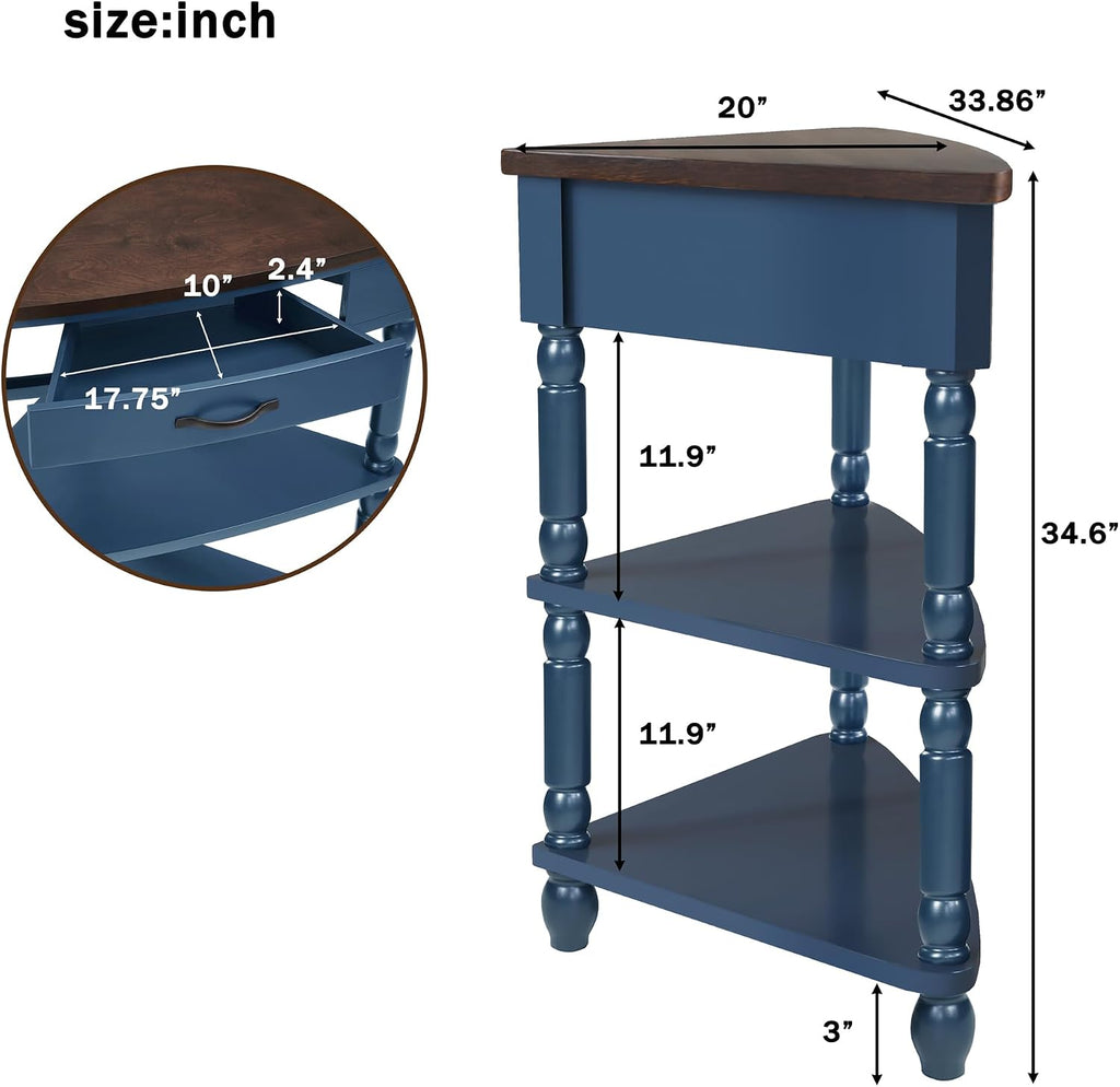 33.8'' Small Triangle Corner Table,3 Tier End Table with Open Shelf and Solid Wood Legs,Wood Corner Side Table with 1 Storage Drawer for Bedroom,Living Room,Small Spaces (Navy Blue-14)