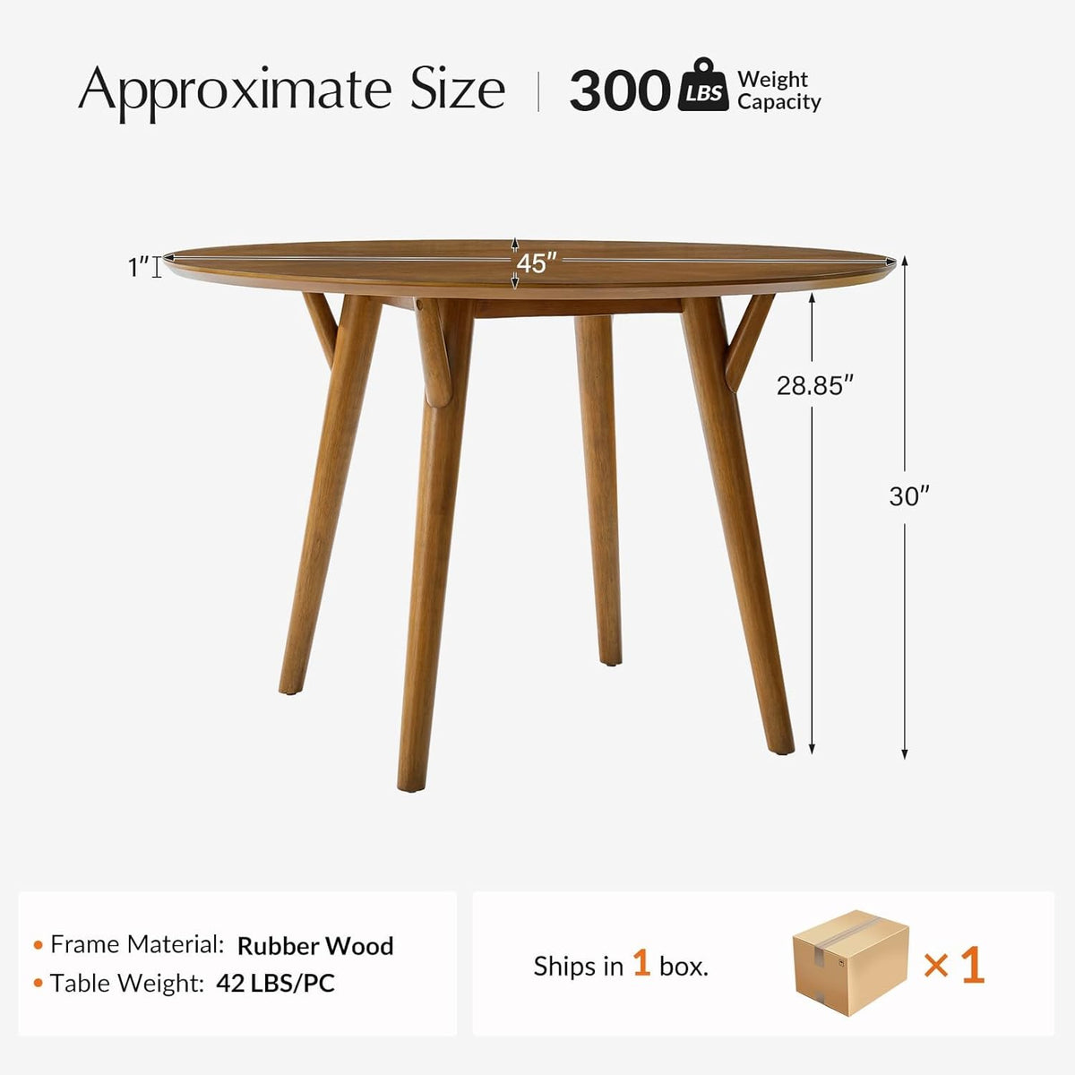 HULALA HOME Round Dining Table for 4, 45” Solid Wood Kitchen Dining Room Table, Small Dinner Coffee Writing Table for Kitchen Cafe Space Saving, Acorn