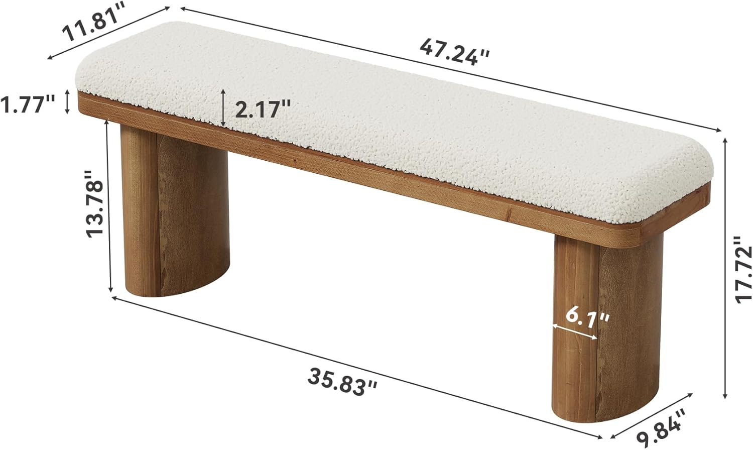 LITTLE TREE 47'' Boucle Upholstered Bench, Modern Solid Fir Entryway Bench with White Boucle Cushion, Farmhouse Wooden Ottoman for Dining Room, Bedroom, Living Room, Brown(Removable Cushion)
