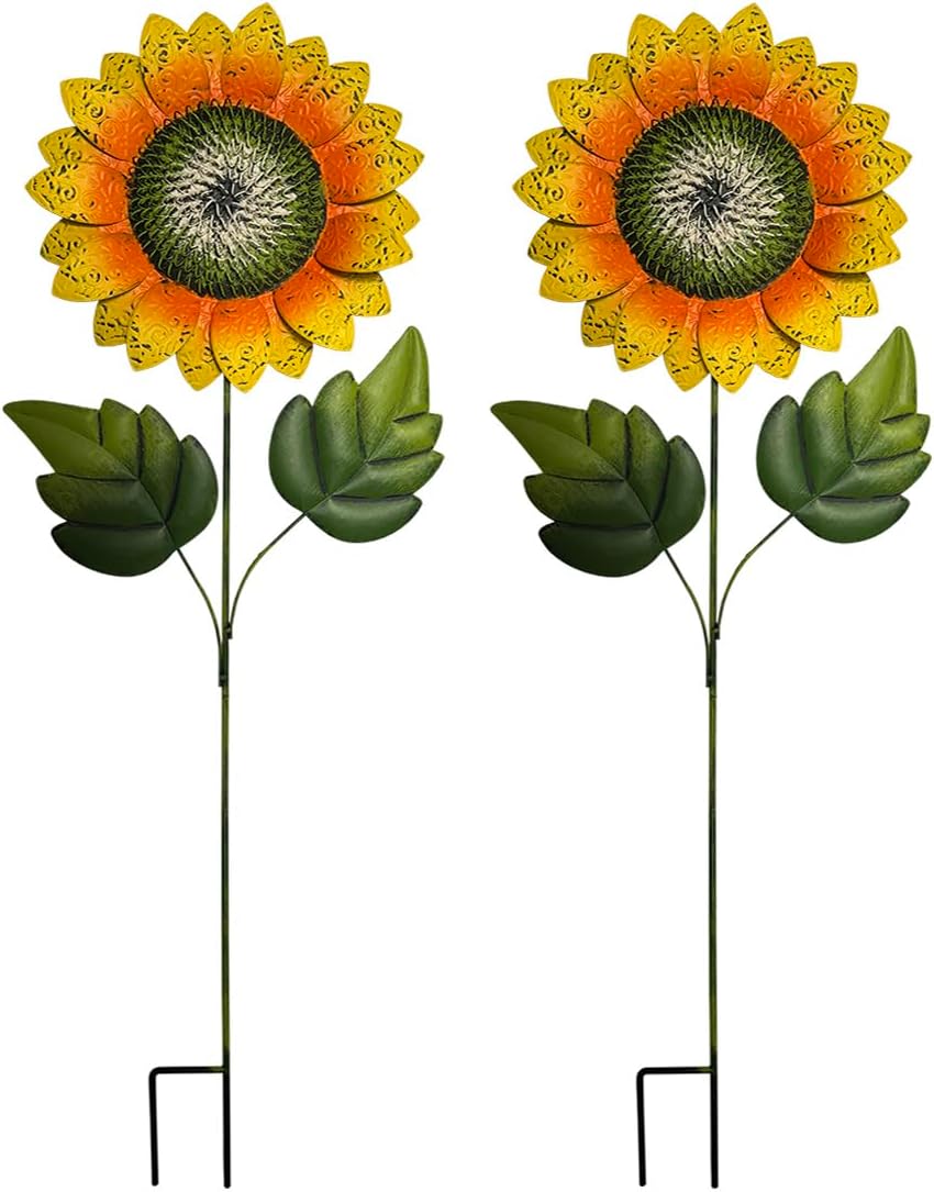 Outdoor Metal Sunflower Stakes, 40 Inch Height, 13 Inch Flower Head, Garden Decor, Set of 2