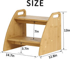 Bamboo 2 Step Stool 300lbs Capacity, Wooden Two Step Stool with Non-Slip Handles, Heavy Duty Stepping Stool for Bedside High Beds Adults, Sturdy Small Bathroom Kitchen Wooden Step Stool