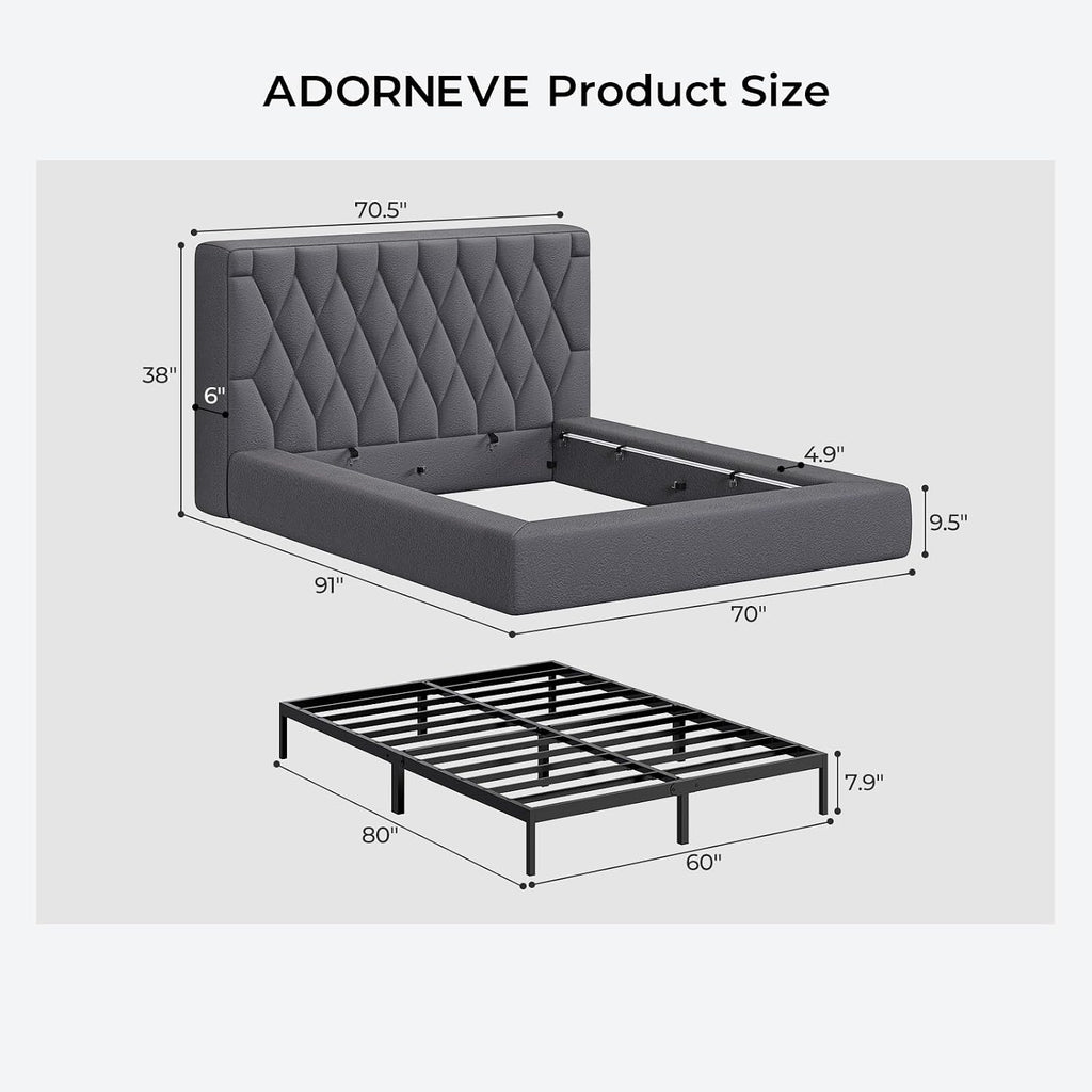 ADORNEVE Upholstered Cloud Bed Frame Queen with 5.9" Thick Headboard, Grey