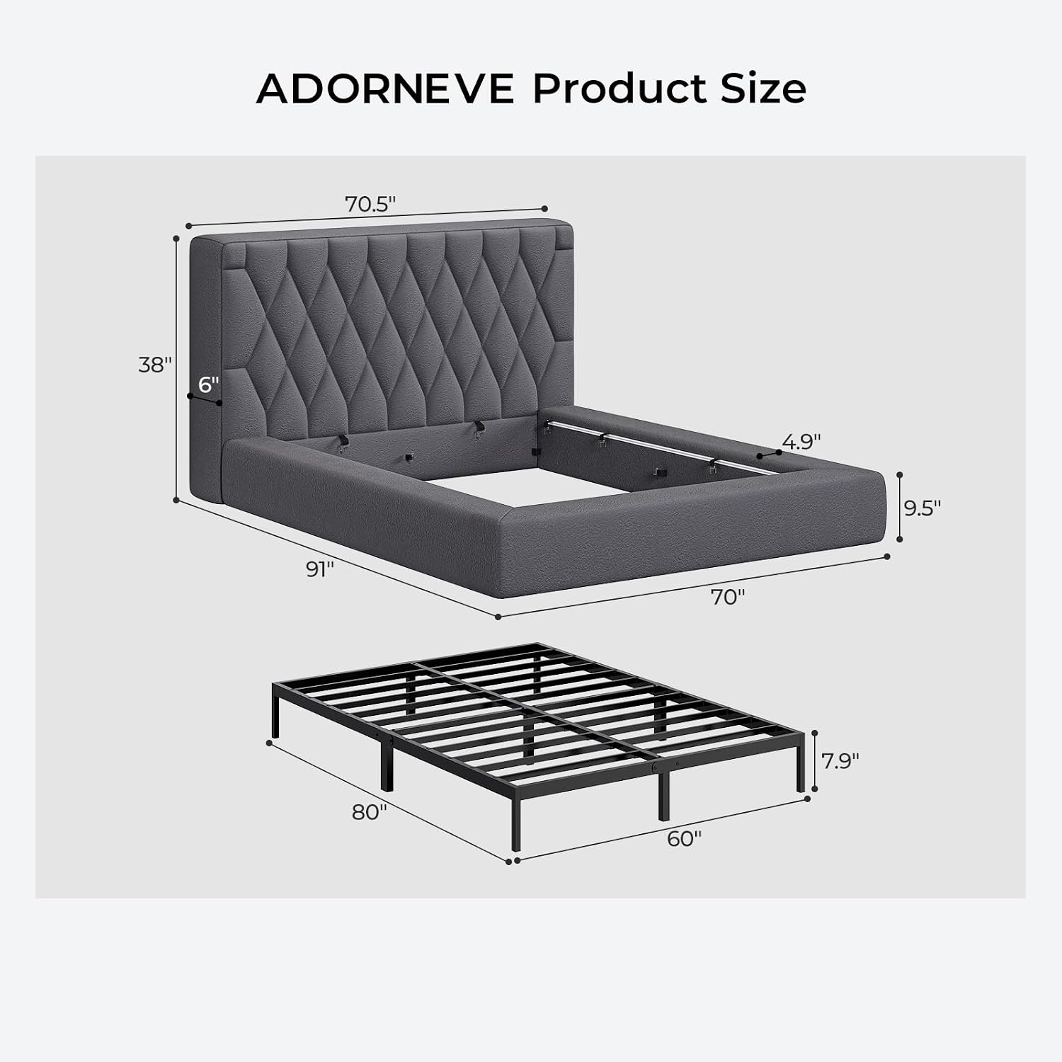 ADORNEVE Upholstered Cloud Bed Frame Queen with 5.9" Thick Headboard, Grey
