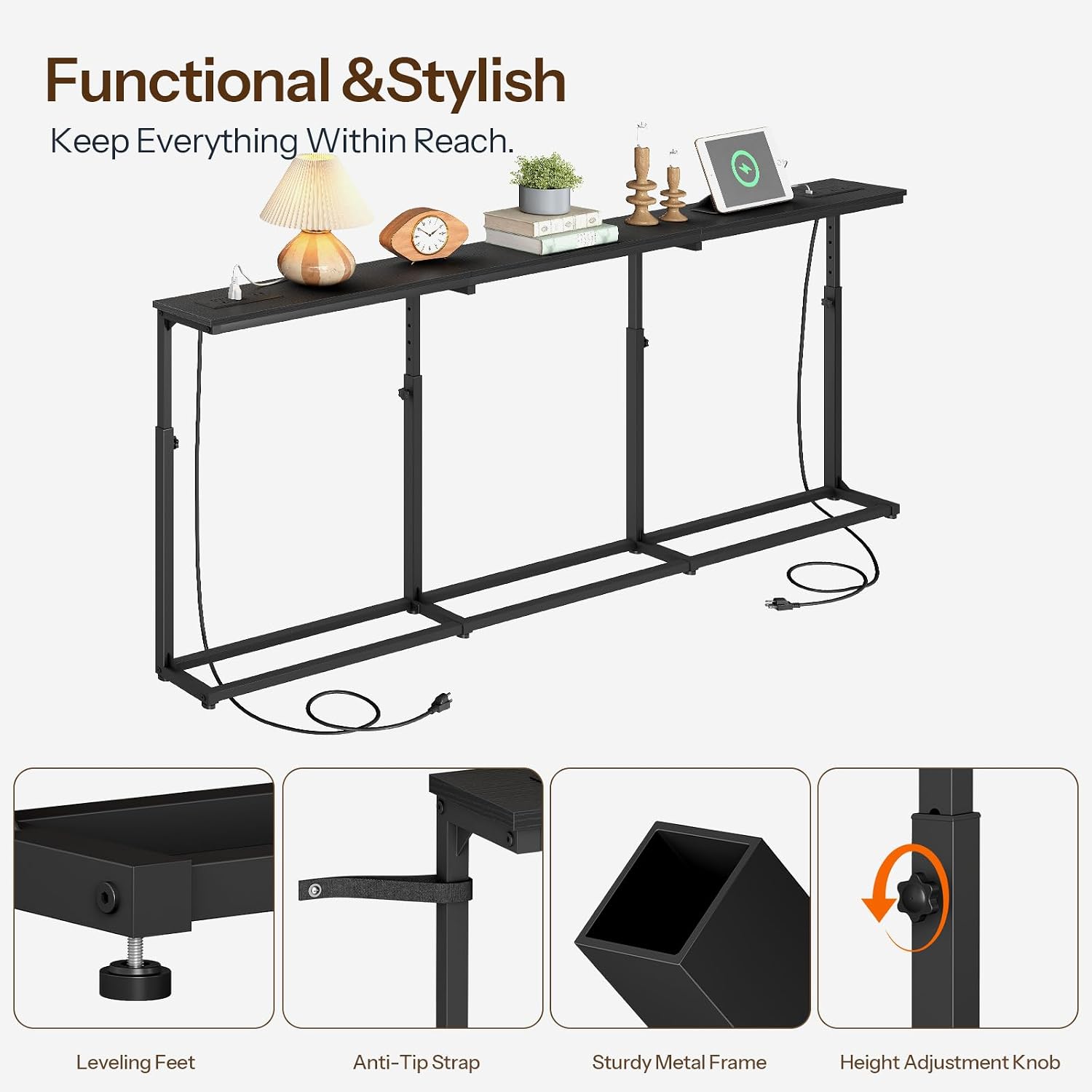 HOOBRO 78.7 Inch Narrow Console Table with Adjustable Height (25.5"-33.4") | 5.9" Sofa Table with Power Outlets, Skinny Behind Couch Table for Small Spaces, Black BB200UXG01