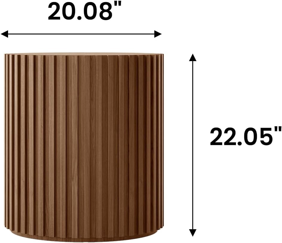 POVISON Fluted Side Set of 2, 20.08" Round End Side Table with Fluted Design for Living Room Bedroom Office, Light Walnut