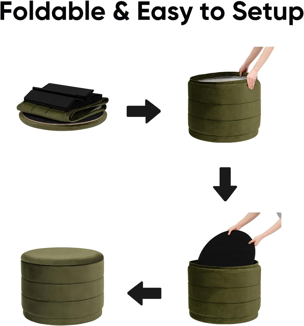 23" Round Velvet Storage Ottoman with Reversible Lid, Soft Padded Footrest and Hidden Storage, Large Upholstere Tray Top Ottoman Footstool for Living Room, Bedroom, Entryway, Olive Grreen