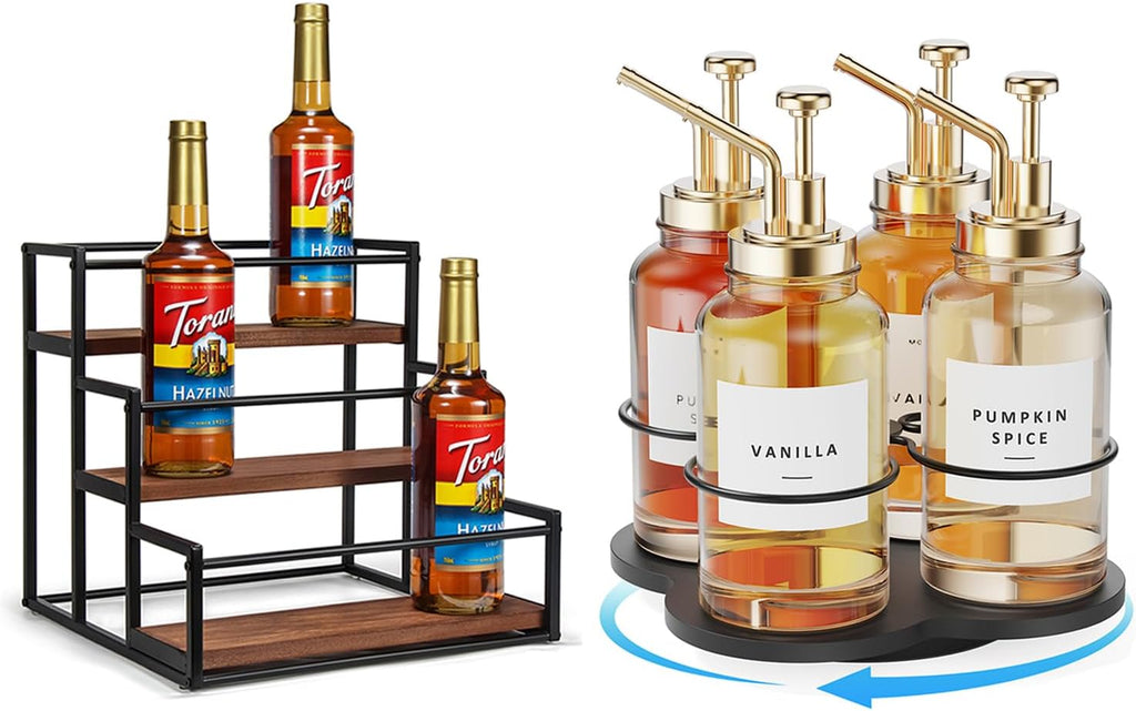 THYGIFTREE 3-Tier Coffee Syrup Organizer for 12 Bottles,Rotating Coffee Syrup Rack for 4 Bottles for Coffee Bar Station, Black