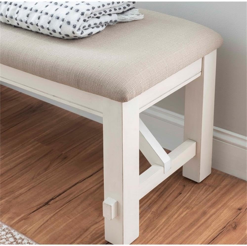 Pemberly Row 60" Wood/Fabric Bench, Smokey White Finish, Beige Upholstery, Transitional Style, Stain-Resistant Seat, Durable Construction, Comfortable Seating for Kitchen or Dining Room
