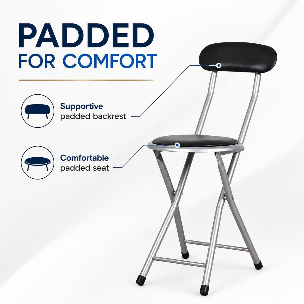 J&V TEXTILES Cushioned Padded Folding Stool with Back | Space-Saving Design, Folds Flat, Padded Backrest, Round Padded Seat, 2.8" Folded Thickness