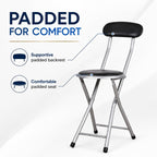 J&V TEXTILES Cushioned Padded Folding Stool with Back | Space-Saving Design, Folds Flat, Padded Backrest, Round Padded Seat, 2.8" Folded Thickness