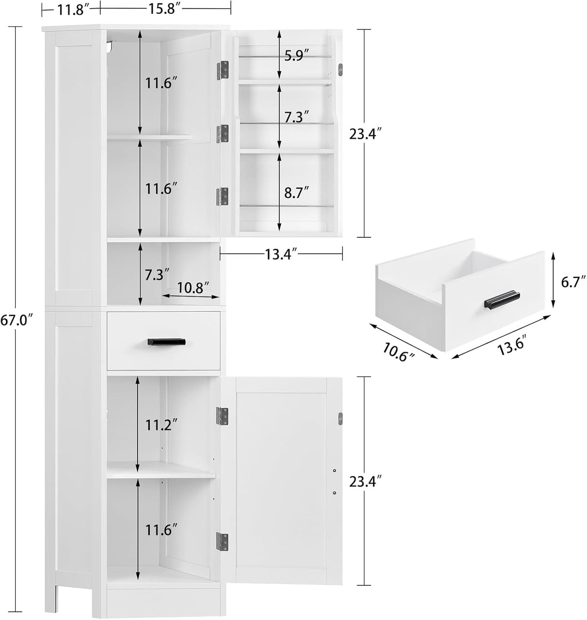 TEENFON 67" H Tall Storage Cabinet with 2 Doors, Bathroom Storage Cabinet, Kitchen Pantry Cabinets for Living Room, Dining Room, Bathroom, White
